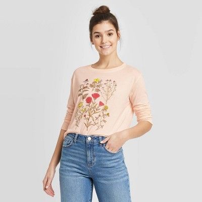 Women's Botanical Floral Stem Long Sleeve T-Shirt - Fifth Sun (Juniors') - Pink | Target