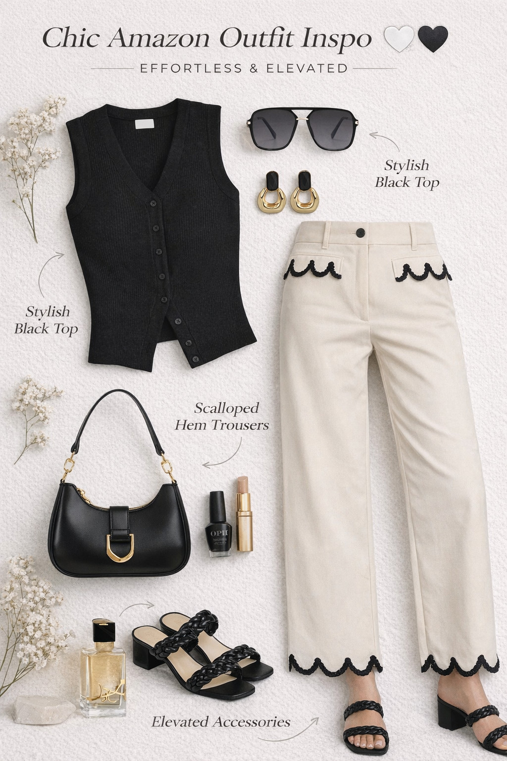 Chic Amazon Outfit Inspo 🤍🖤 Effortless & Elevated This modern neutral outfit is the perfect mix of classy and trendy. The black sleeveless top paired with these scalloped hem trousers gives a polished, put-together look that works for brunch, shopping, or even a casual date night. Add statement accessories like bold gold earrings, sleek sunglasses, and a structured handbag to instantly elevate the entire vibe. Saving this for your next effortless outfit idea! #amazonfashion #amazonfinds #outfitinspo #neutralstyle #chicoutfits #fashionover30 #effortlessstyle #minimaloutfit #amazonstyle #everydayoutfit #ltkstyle #springoutfits #summerstyle #fashioninspo #classyoutfit #womensfashion #affordablefashion #ootd #styleinspo #outfitideas 

 