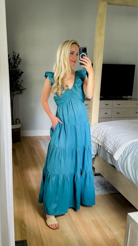 Love this ruffle maxi dress. Would be so pretty as a wedding guest dress or a family photo dress! Sundress summer dress maxi dresses formal dress long dress ruffled dress teal dress blue dress 