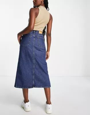 Monki denim midi skirt with slit in blue | ASOS (Global)