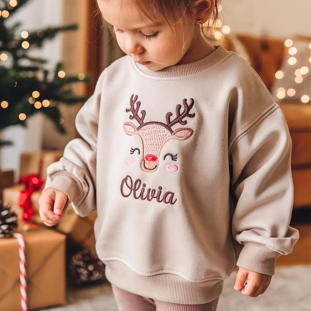 Personalized Girls Christmas Reindeer Embroidered Sweatshirt - Etsy | Etsy (US)