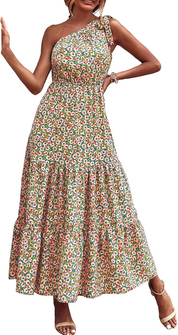 PRETTYGARDEN Women's Summer Floral Dress One Shoulder Sleeveless Knot Ruffled Hem Flowy Bohemian Max | Amazon (US)