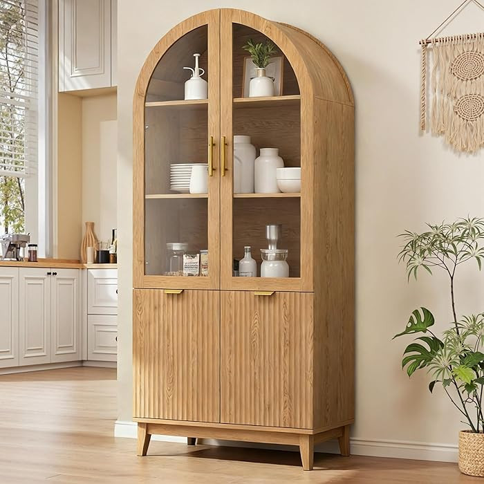 Pamapic 71" Tall Arched Cabinet, Fluted Kitchen Pantry with Glass Doors & Adjustable Shelves, Arc... | Amazon (US)