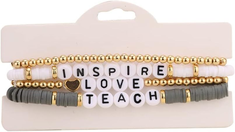 COLORFUL BLING 3/4Pcs Set Heishi Ploymer Clay Apple Teach Love Inspire Teacher Stretch Bracelets ... | Amazon (US)