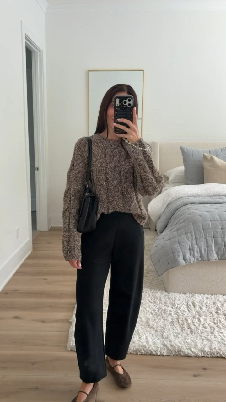 A chunky knit sweater with black barrel pants is one of my favorite outfit combinations for fall. I love the textured brown knit, relaxed sleeves, and how the cropped pants look with suede Mary Jane flats. An easy outfit for everyday wear that still feels put together.
chunky knit sweater, brown sweater, marled knit sweater, black barrel pants, suede Mary Jane flats, fall outfit, casual fall style, cozy fall sweater, neutral fall outfit, fall fashion, everyday outfit, annabrstyle