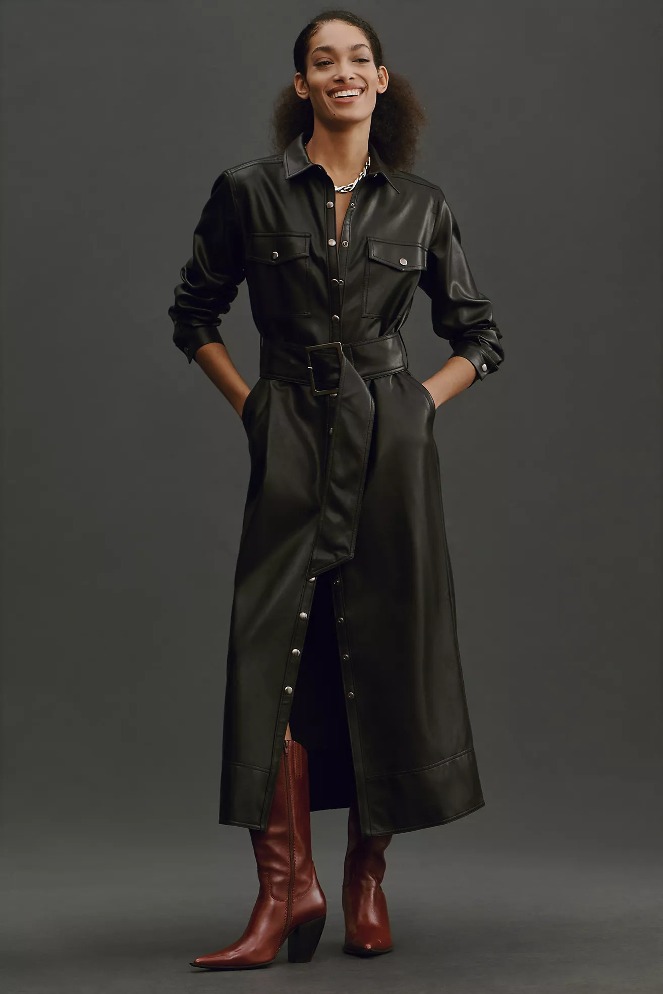 Pilcro Long-Sleeve Faux Leather Belted Midi Dress | Anthropologie (US)