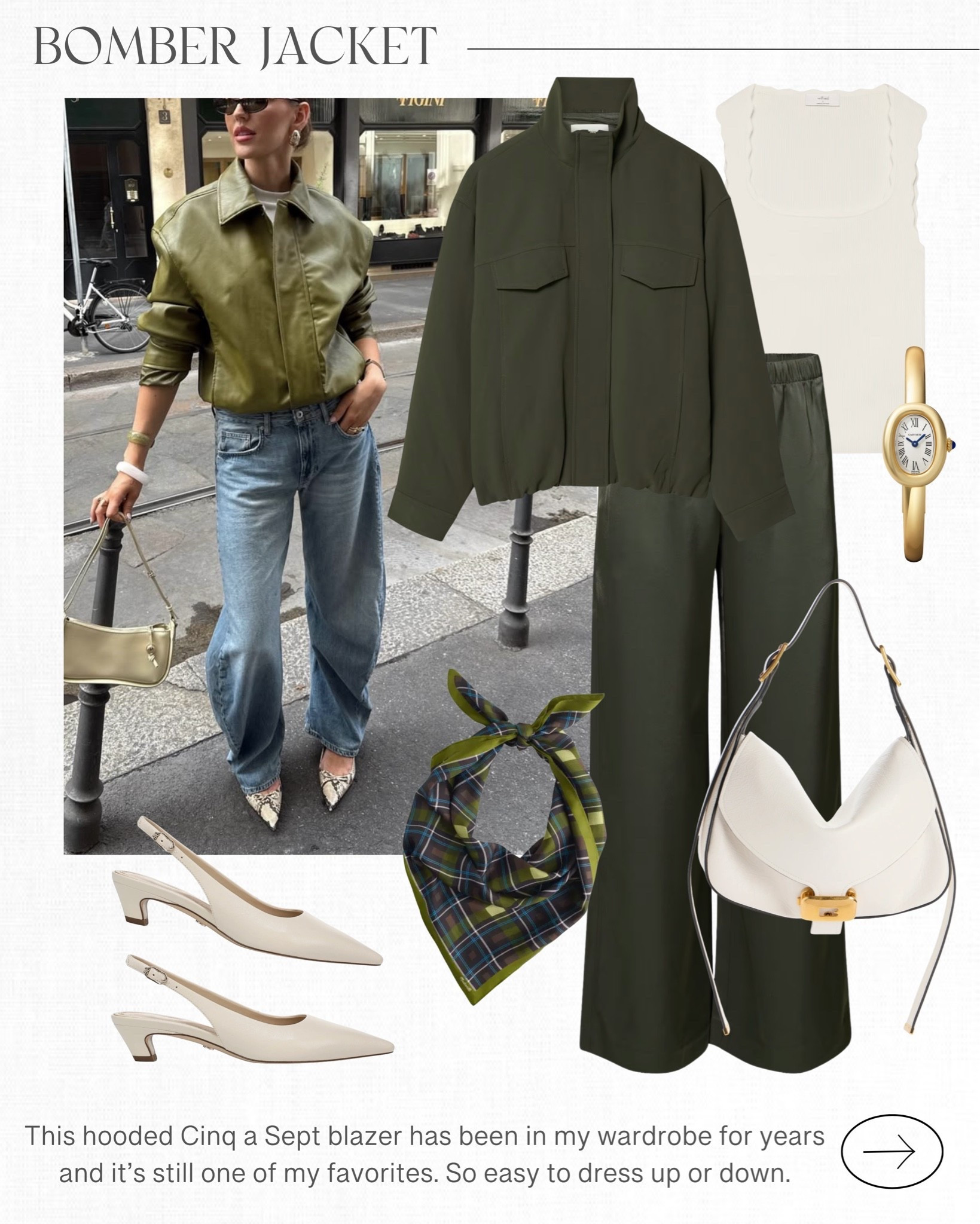Bomber jackets are trending this fall. Pair them with drawstring pants or jeans! I’ll link some of my favorites along with this outfit below.