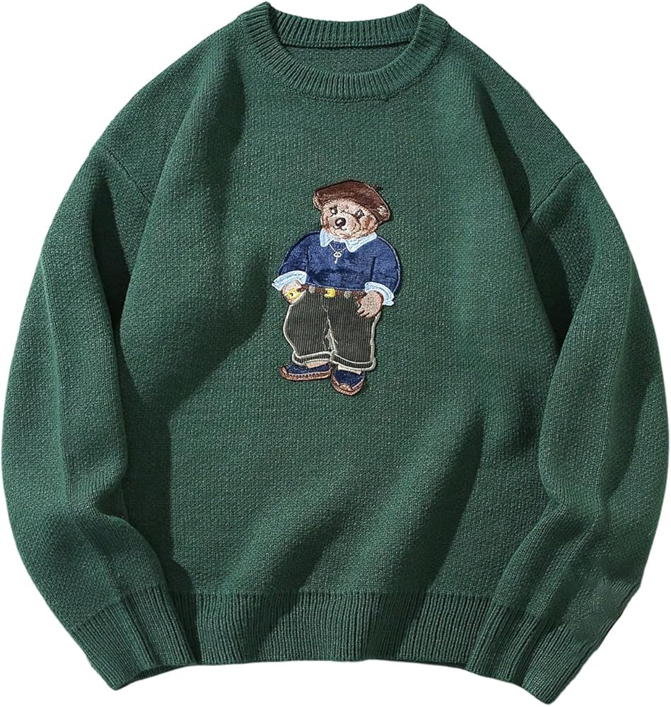 SHENHE Men's Oversized Crew Neck Cute Bear Sweater Vintage Unisex Preppy Graphic Sweater Jumper | Amazon (US)