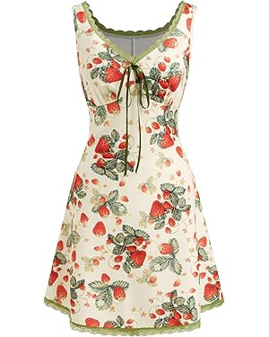 CIDER Women's Floral Mini Dress Fruit Sleeveless V Neck Lace Trim Sun Dress A Line Cute Summer Dr... | Amazon (US)