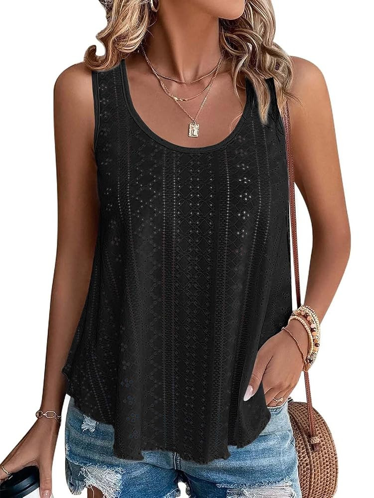 ATHMILE Womens Tank Tops Sleeveless Eyelet Embroidery Scoop Neck Loose Fit Casual Summer Flowy Be... | Amazon (US)