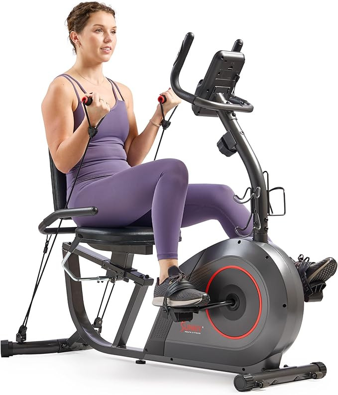 Sunny Health & Fitness Smart Heavy-Duty Recumbent Bike w/Wide Cushioned Seat & Back, Indoor Cycli... | Amazon (US)