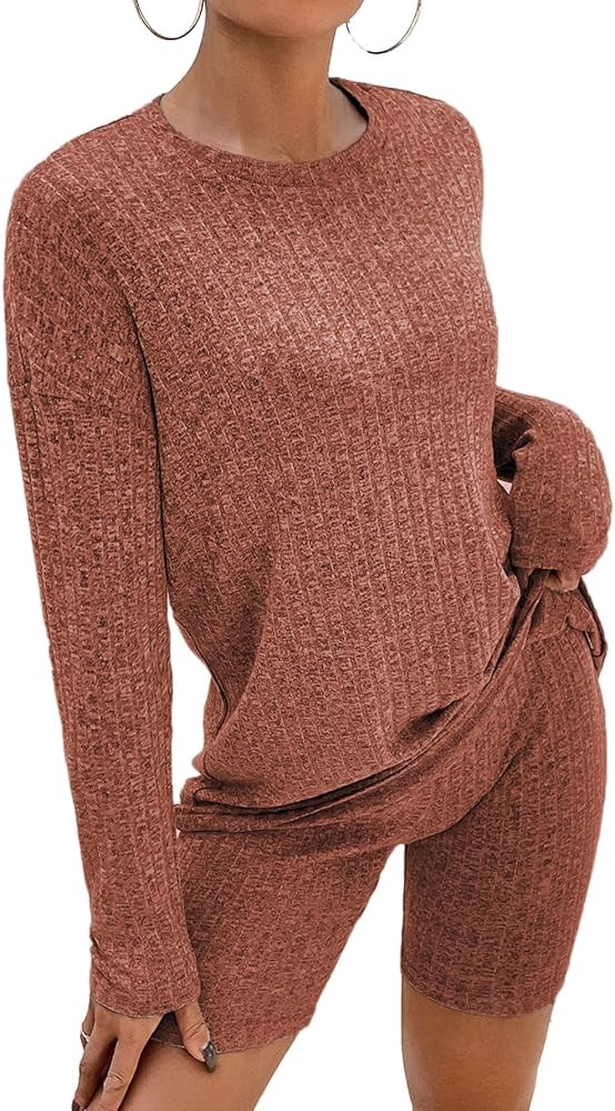Ekouaer Womens Pajamas 2 Piece Short Sets Ribbed Knit Matching Lounge Set Biker Outfits Loose Lou... | Amazon (US)