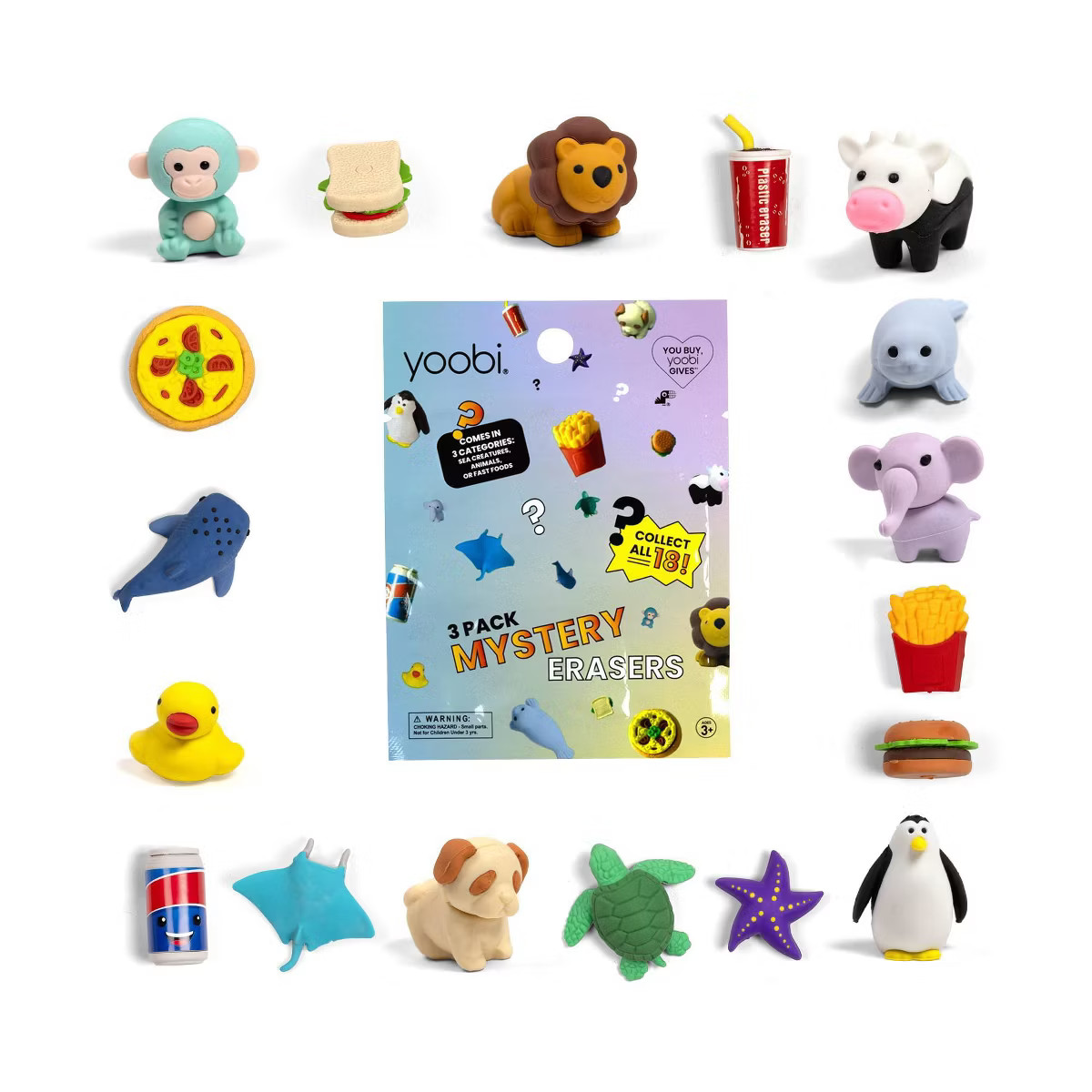 Yoobi 3pk Eraser 3D Mystery Bag 6 | Target