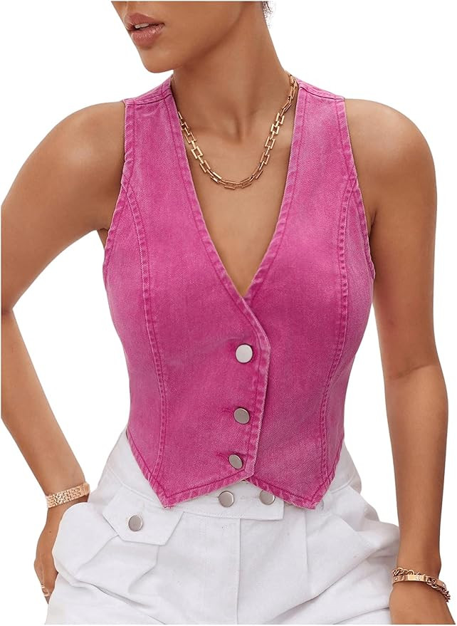 MakeMeChic Women's Cropped Denim Vest Tops Button Down Jean Y2K Waistcoat Jacket | Amazon (US)