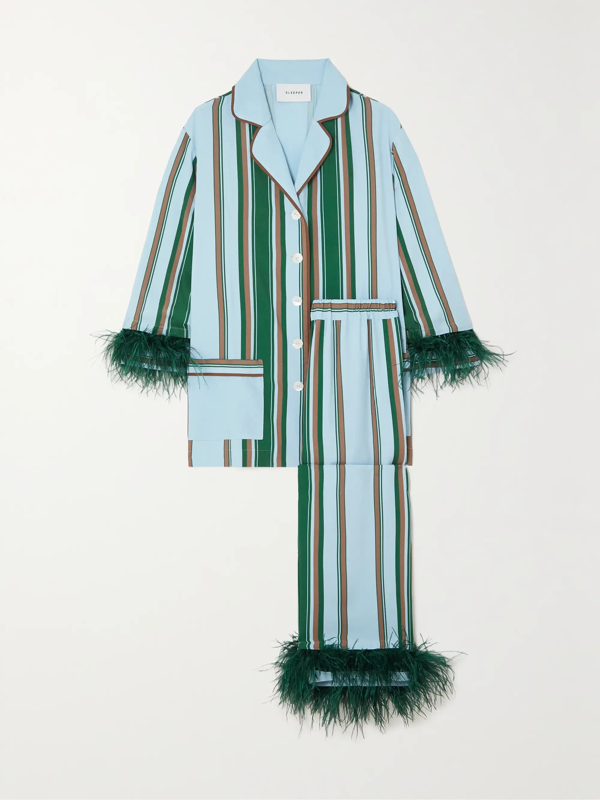 Feather-trimmed striped crepe pajama set | NET-A-PORTER (US)