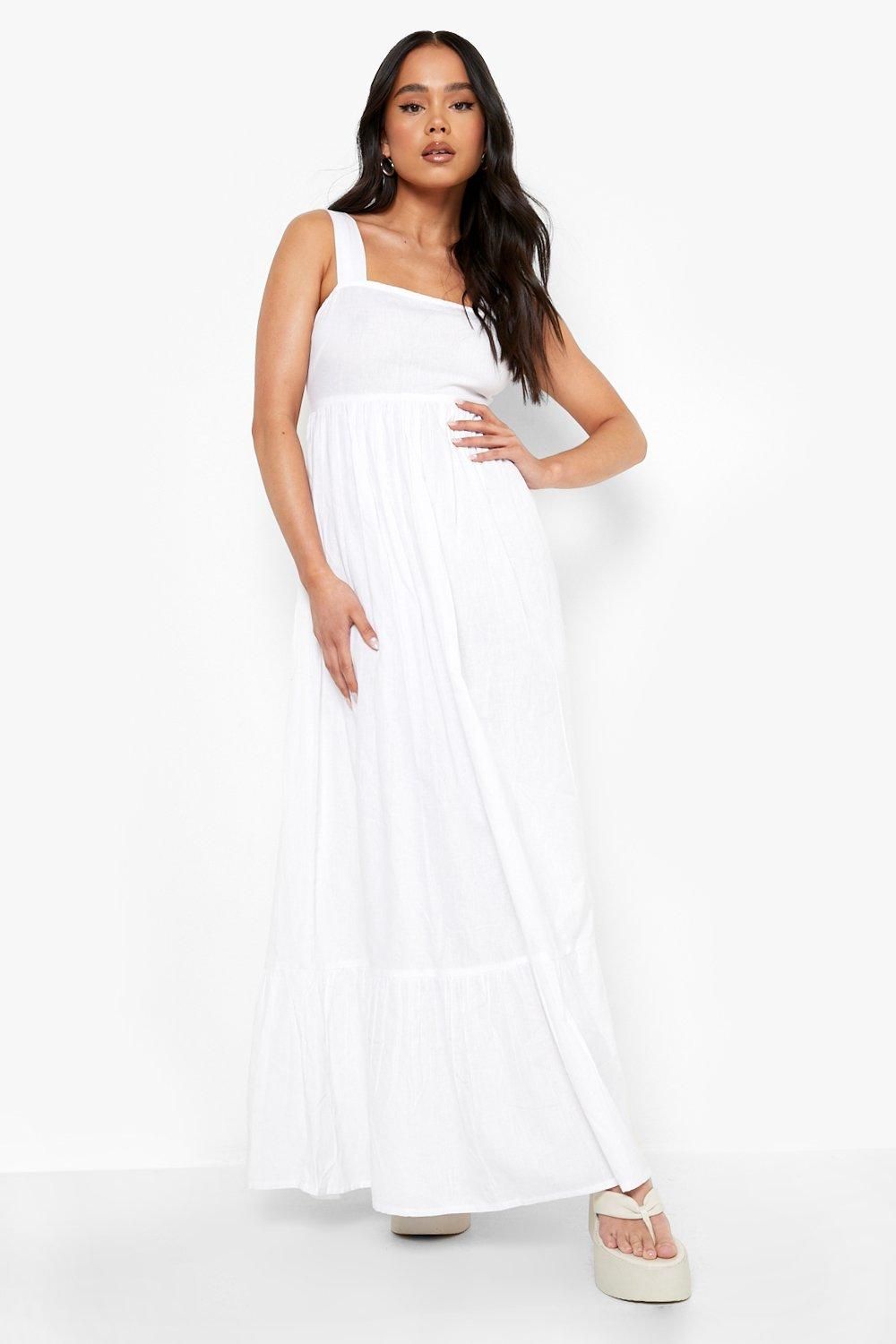 Womens Petite Linen Square Neck Tie Back Maxi Dress - White - 8 | Boohoo.com (US & CA)