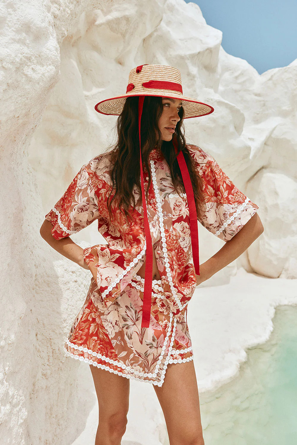 Red Floral Solafleur Print Button Up La Dolce Vita Shirt | Sabo Skirt US