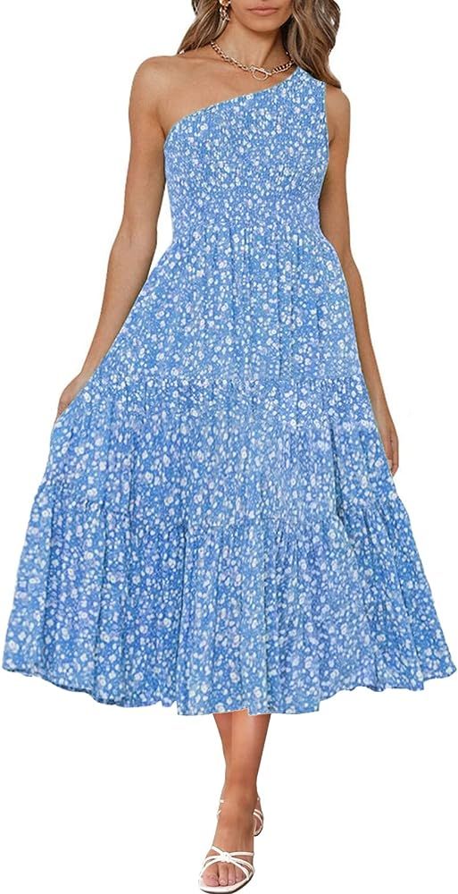 ZCSIA Women's One Shoulder Summer Boho Sleeveless Dresses 2023 Smocked Floral Flowy Ruffle Beach ... | Amazon (US)
