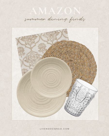 Amazon dining finds. Al fresco dining. Outdoor dining. Summer dining. Outdoor dinnerware. Outdoor dinner plates. Melamine dinnerware. Blockprint napkins. Woven seagrass placemats. Plate chargers. Outdoor drinkware. Outdoor drinking glasses. Acrylic drinking glasses. 

#LTKSeasonal #LTKHome #LTKFindsUnder50