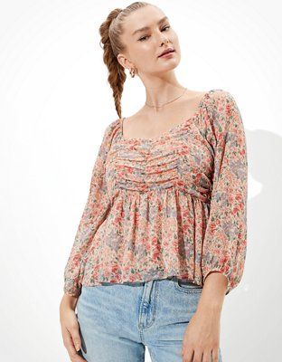 AE Chiffon Ruched Babydoll Top | American Eagle Outfitters (US & CA)