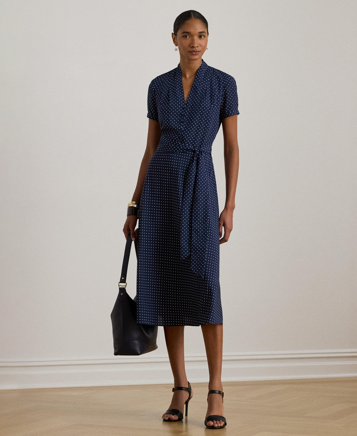 Lauren Ralph Lauren Women's Polka-Dot Belted Dress - Navy/White | Macy's