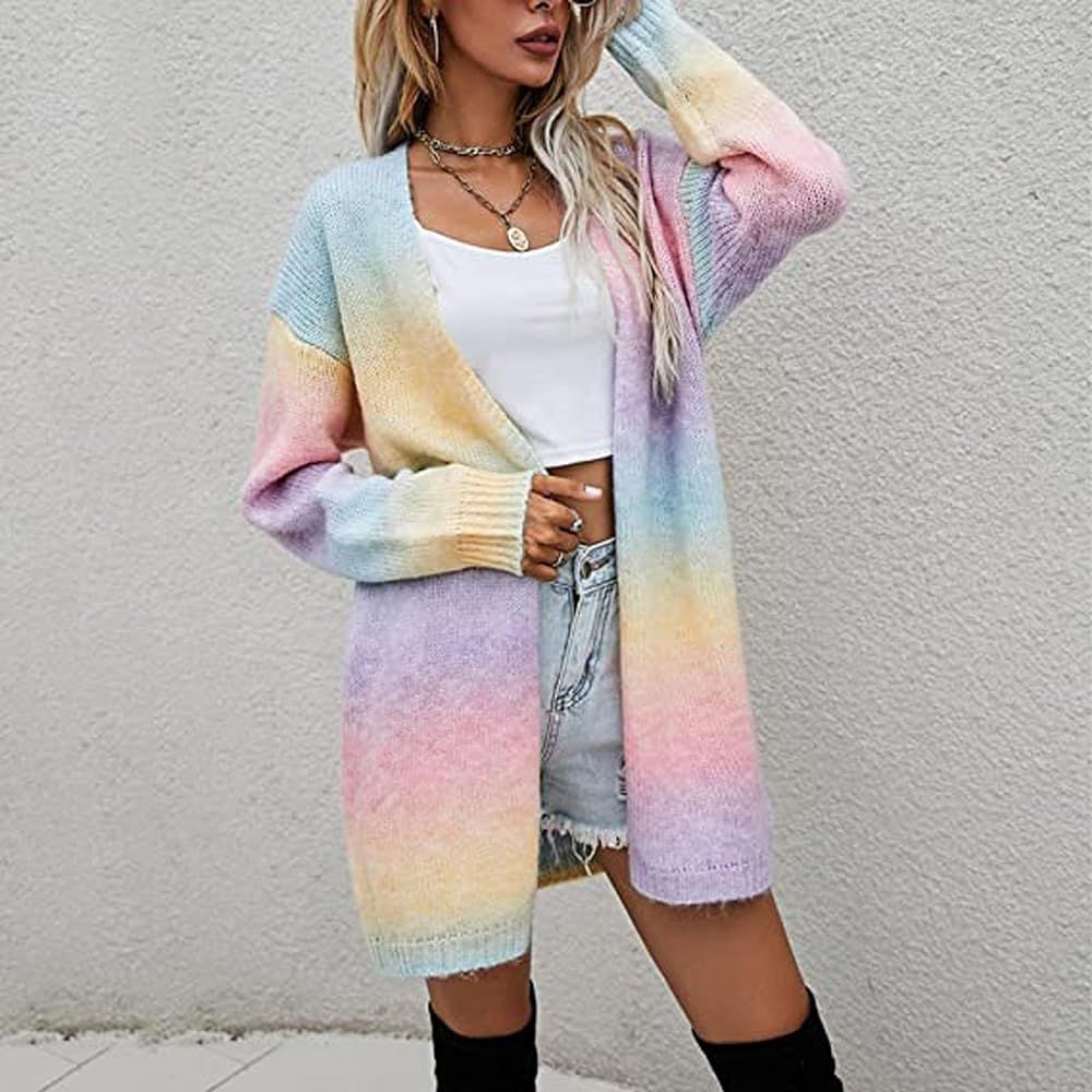 Fuzzy Cardigan Sweaters for Women Rainbow Multicolor Lightweight Open Front Loose Fit Fall Blouse Co | Amazon (US)