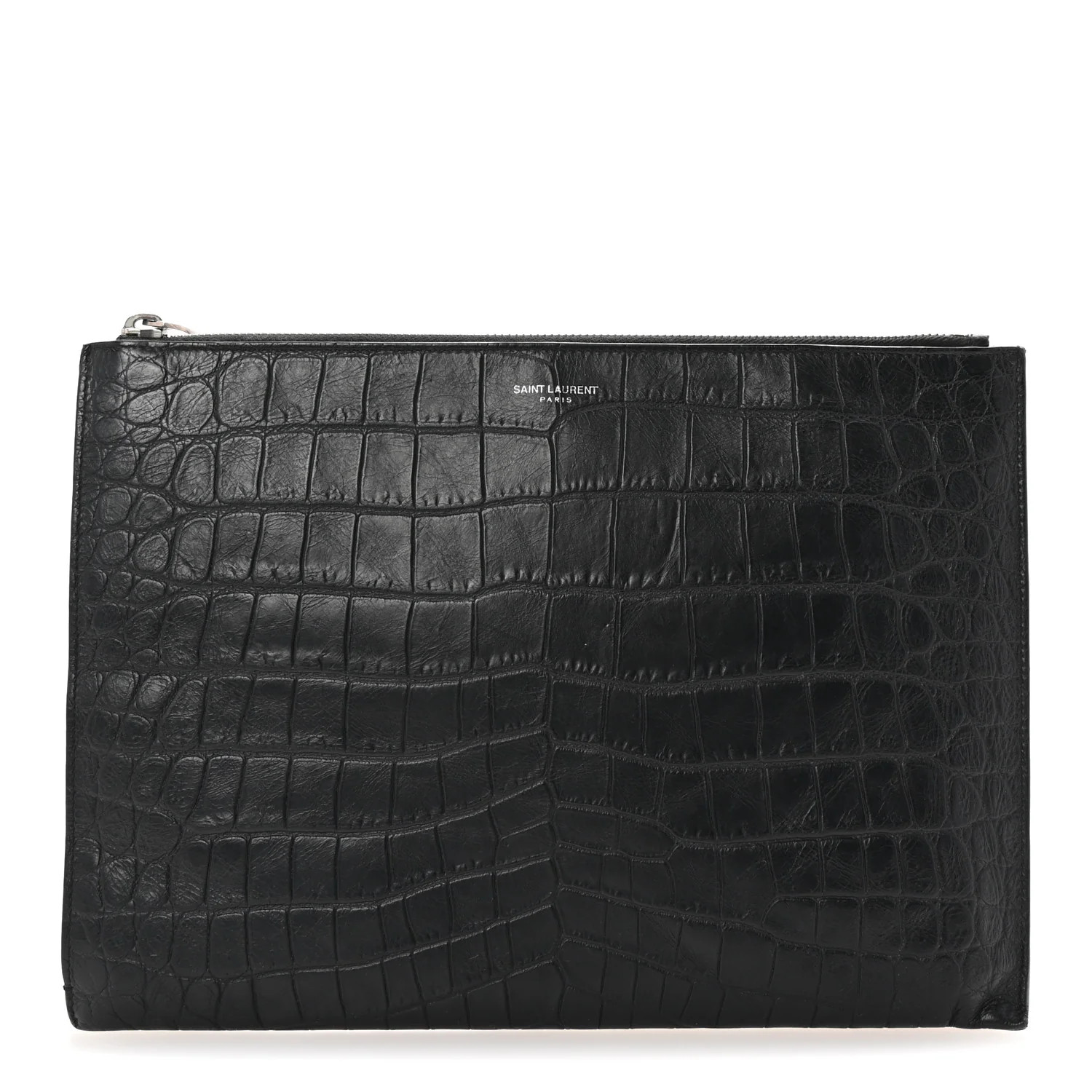 Calfskin Crocodile Embossed Zipped Tablet Holder Black | FASHIONPHILE (US)