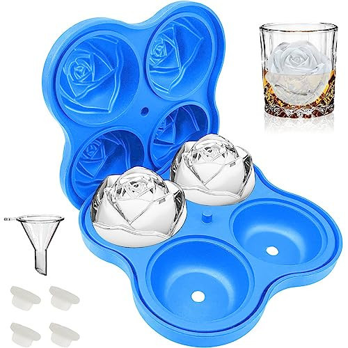 CAMKYDE Rose Ice Cube Tray 2.5 Inch [1 Mold + 1 Funnel + 4 Stoppers], 4 Cavity Silicone Rose Ice Cube Mold for Whiskey, Chilling Cocktails, Bourbon, Juice (Blue) | Amazon (US)