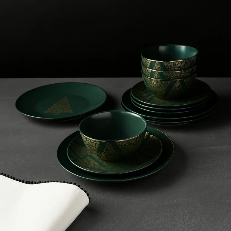Thyme & Table Holiday Tree12-Piece Ceramic Dinnerware Set - Green - Walmart.com | Walmart (US)