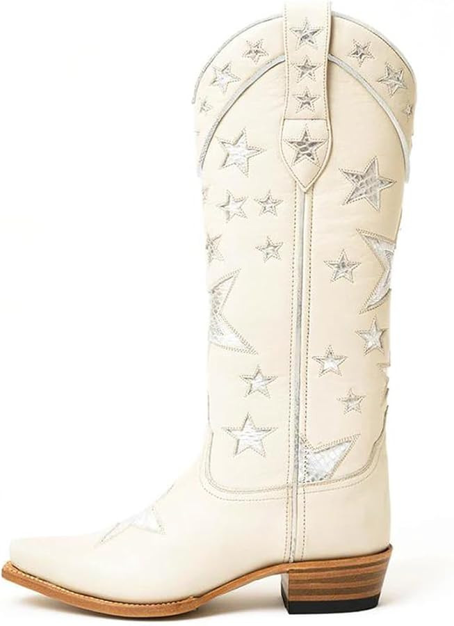 YIYA Women's Star Cowboy Boots Black and White Cowgirl Boots with White Stars Pointed Toe Chunky ... | Amazon (US)