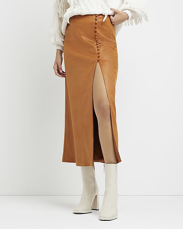 Brown faux suede midi skirt | River Island (US)