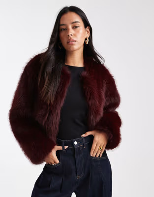 4th & Reckless faux fur cropped collarless jacket in burgundy | ASOS (Global)