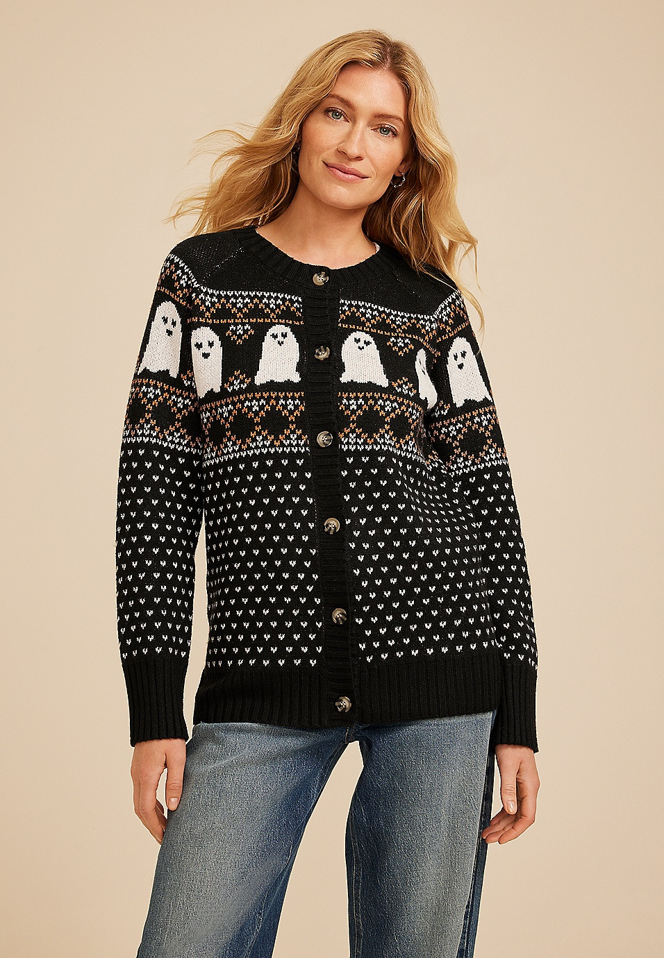 Halloween Ghost Button Front Fair Isle Cardigan | Maurices