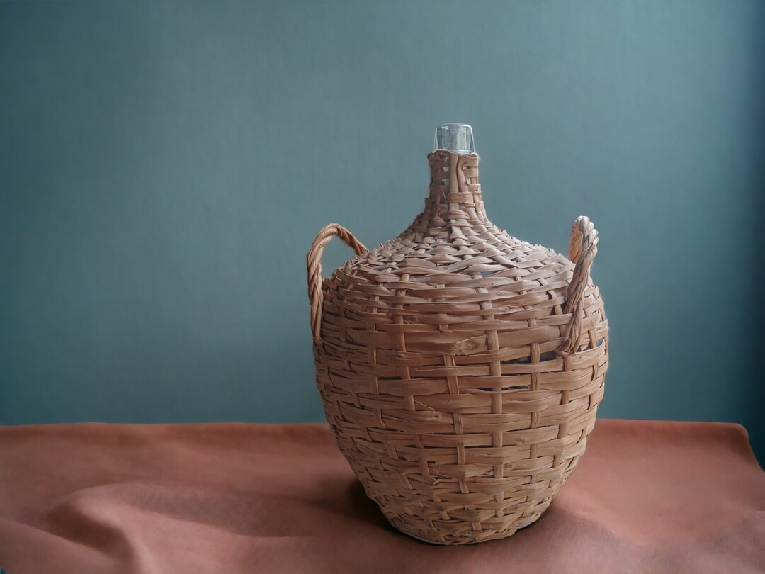 Vintage Mexican Wicker Demi-john Green Bottle Wrapped Wine Making Bottle Double Handled Rustic De... | Etsy (US)