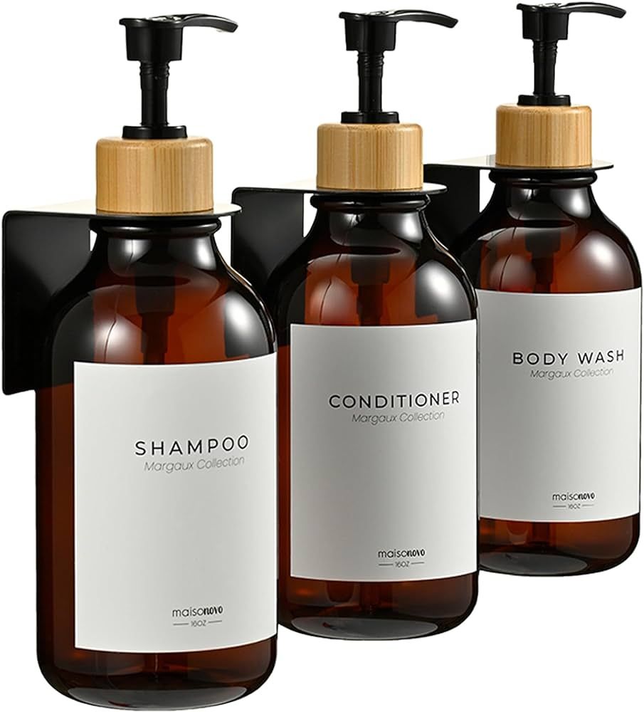 MaisoNovo Shampoo and Conditioner Dispenser | 3 Bamboo Plastic Amber 3 Wall Mount Black | Shampoo... | Amazon (US)