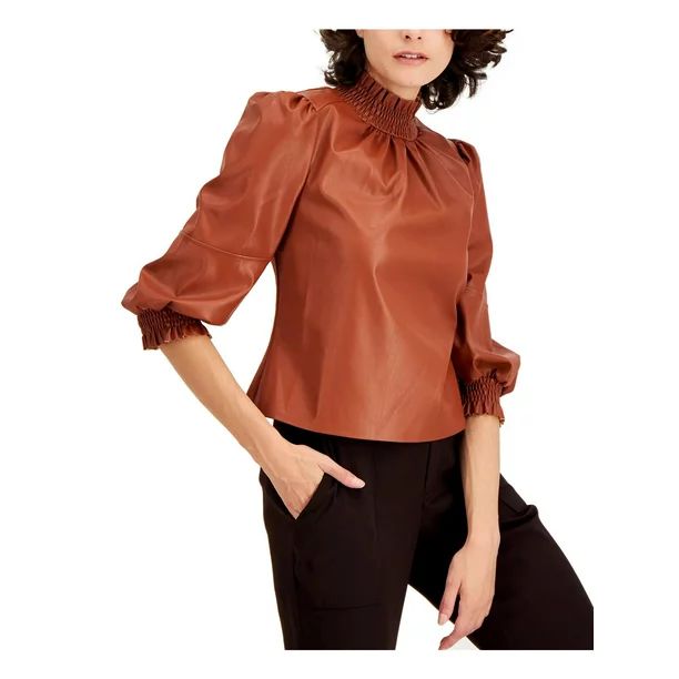 INC Womens Faux Leather Smocked Blouse Brown M - Walmart.com | Walmart (US)