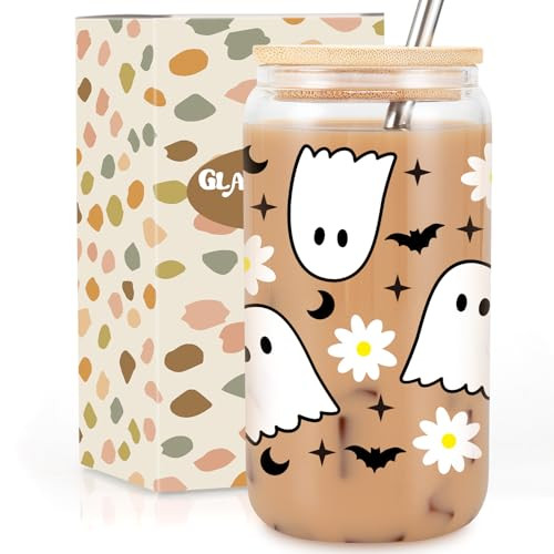 GSPY Cute Ghost Cups, 16oz Halloween Glass Cups with Lids and Straws, Spooky Bat Daisy Iced Coffee Tumbler, Fall Coffee Mug - Boo Basket Stuffers, Halloween Gifts for Women, Adults, Girls, Her | Amazon (US)