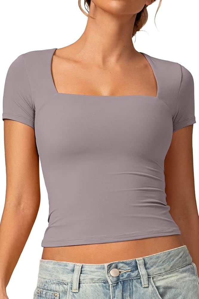 Vertvie Square Neck Tops for Women Short Sleeve Double Lined T Shirts Slim Fit Going Out Tops Sof... | Amazon (US)