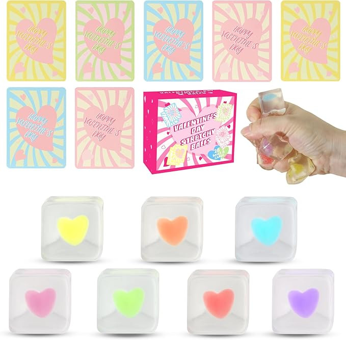 28 Pack Valentines Squishy Stress Cubes with Hearts - Sensory Fidget Toys for Adults & Kids, Vale... | Amazon (US)