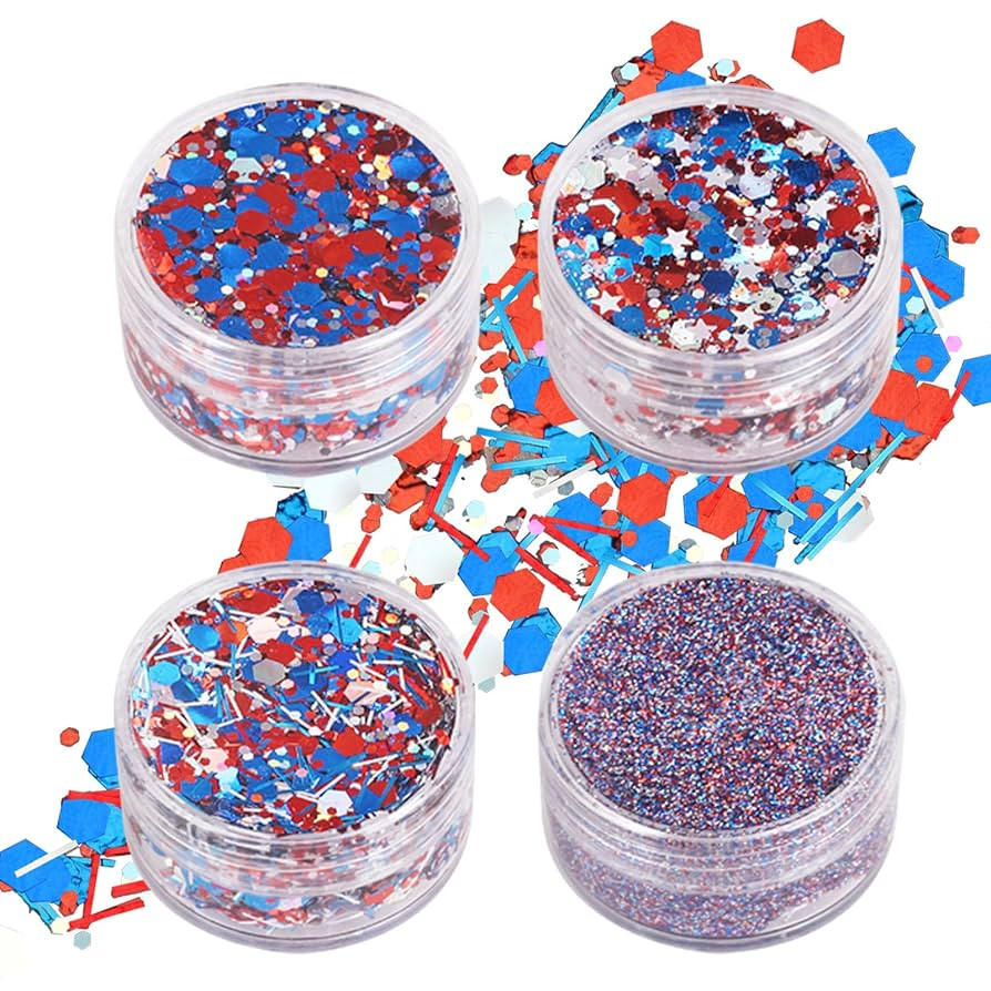 4 Jars Red Blue White USA Independent Day Flag Patriotic Face Glitter,4th of July Accessories Spa... | Amazon (US)