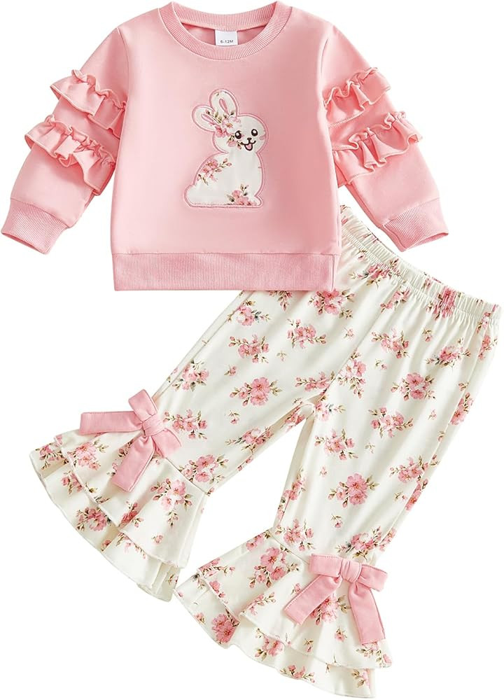 Toddler Baby Girl Easter Outfit Bunny Print Pullover Sweatshirt Plaid Bow Bell Bottom Pants 2Pcs ... | Amazon (US)