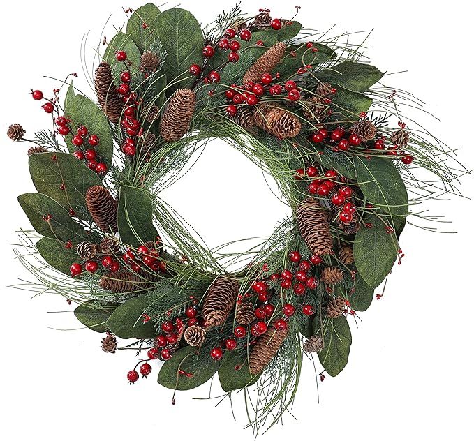 AMF0RESJ 22 inches Handmade Christmas Wreath Winter Wreath with Magnolia Leaves, Big red Berries,... | Amazon (US)