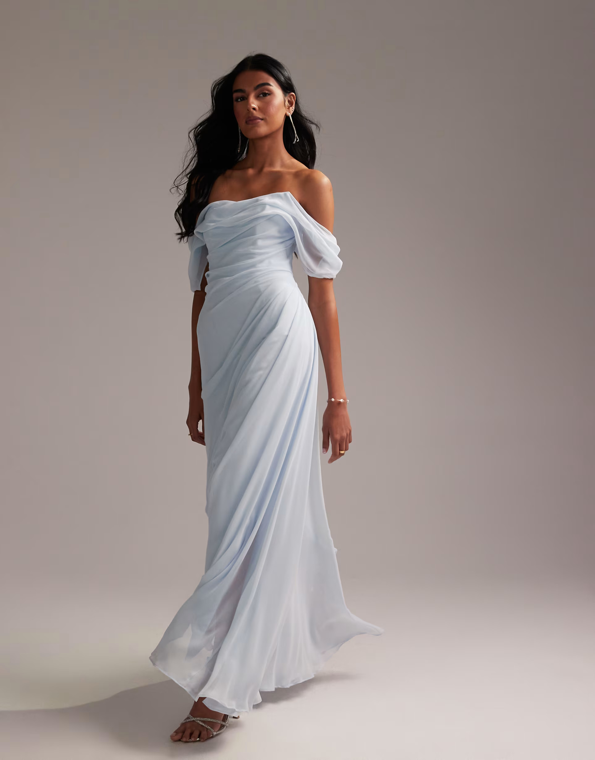 ASOS DESIGN Bridesmaids draped bardot midaxi dress in light blue | ASOS (Global)