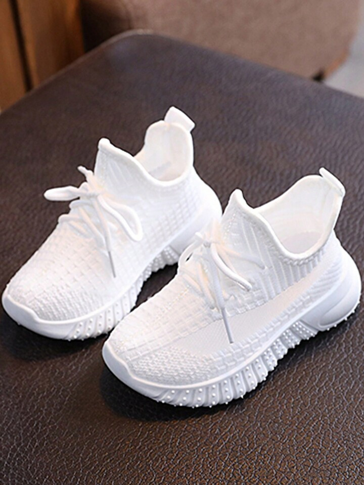 1 Pair Children Fashionable Woven Knitted Breathable Running Shoes, Comfortable Non-Slip Lace-Up Athletic Sneakers For Kids Outdoor Activities | SHEIN