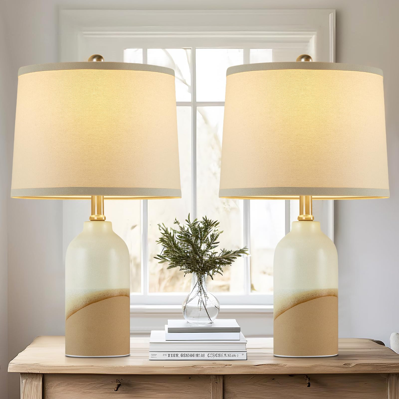 Luvkczc Ceramic Table Lamps Set of 2, Color Temperature Adjustable Bedside Lamps with Line Lampsh... | Amazon (US)