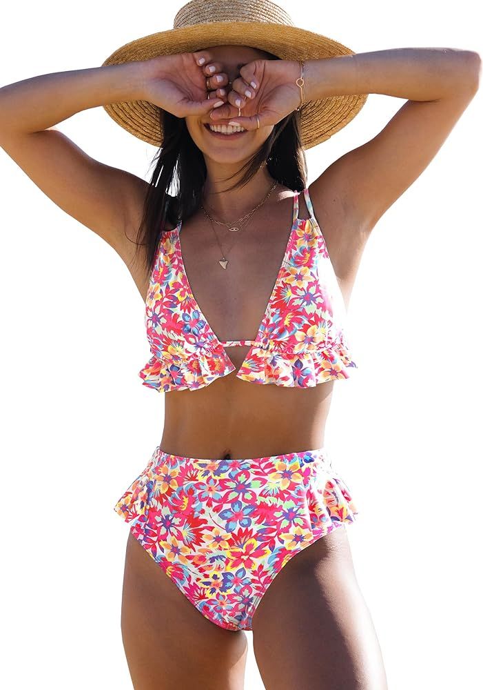 SPORLIKE Women High Waisted Swimsuit Ruffle V Neck Bikini Two Pieces Swimwear | Amazon (US)