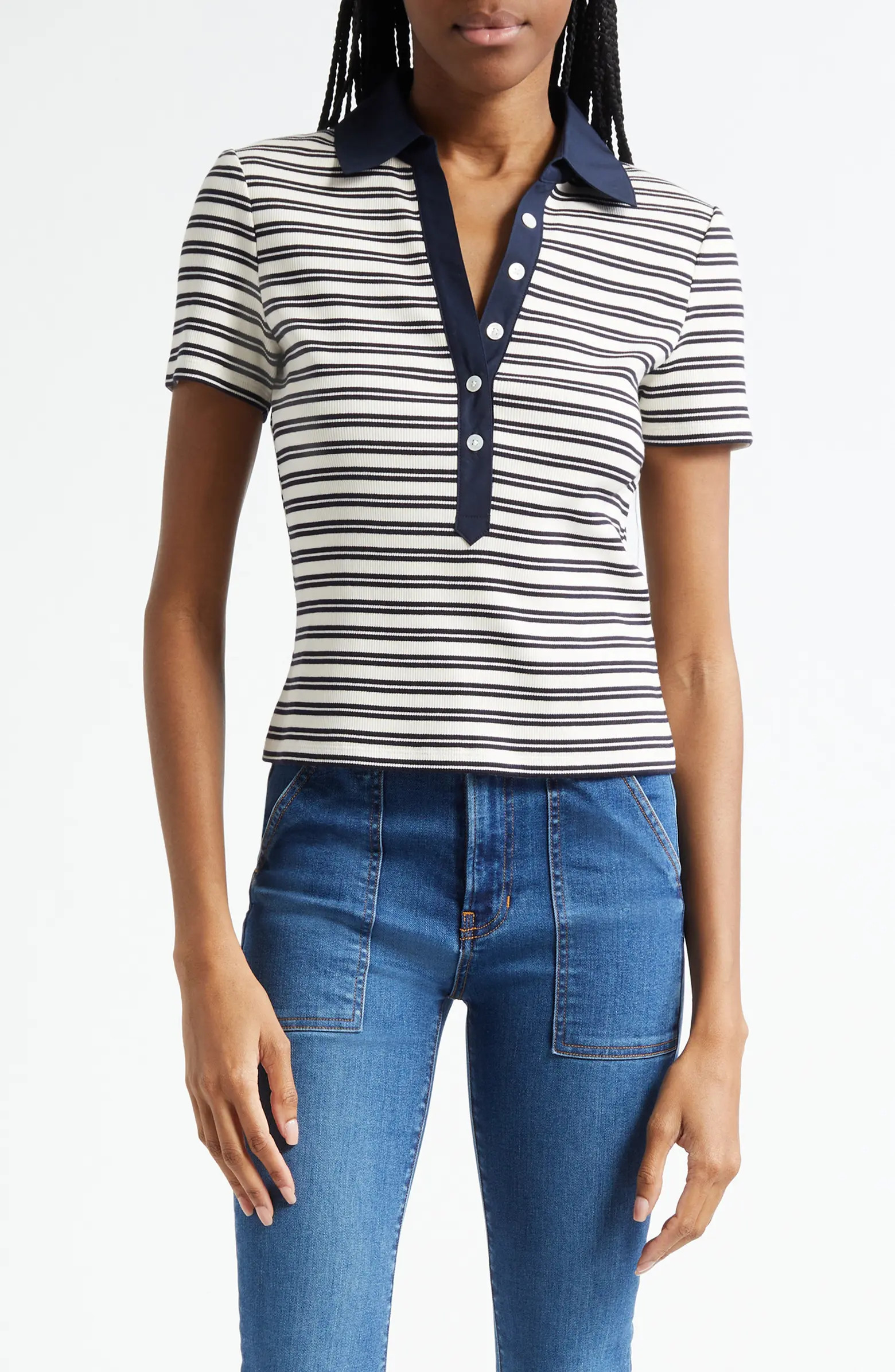 Veronica Beard Kearney Stripe Rib Stretch Cotton Polo | Nordstrom | Nordstrom