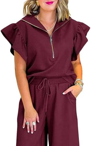 SELINK Two Piece Sets for Women Summer Outfits Ruffle Cap Sleeve Zip Top Wide Leg Pants Lounge Se... | Amazon (US)
