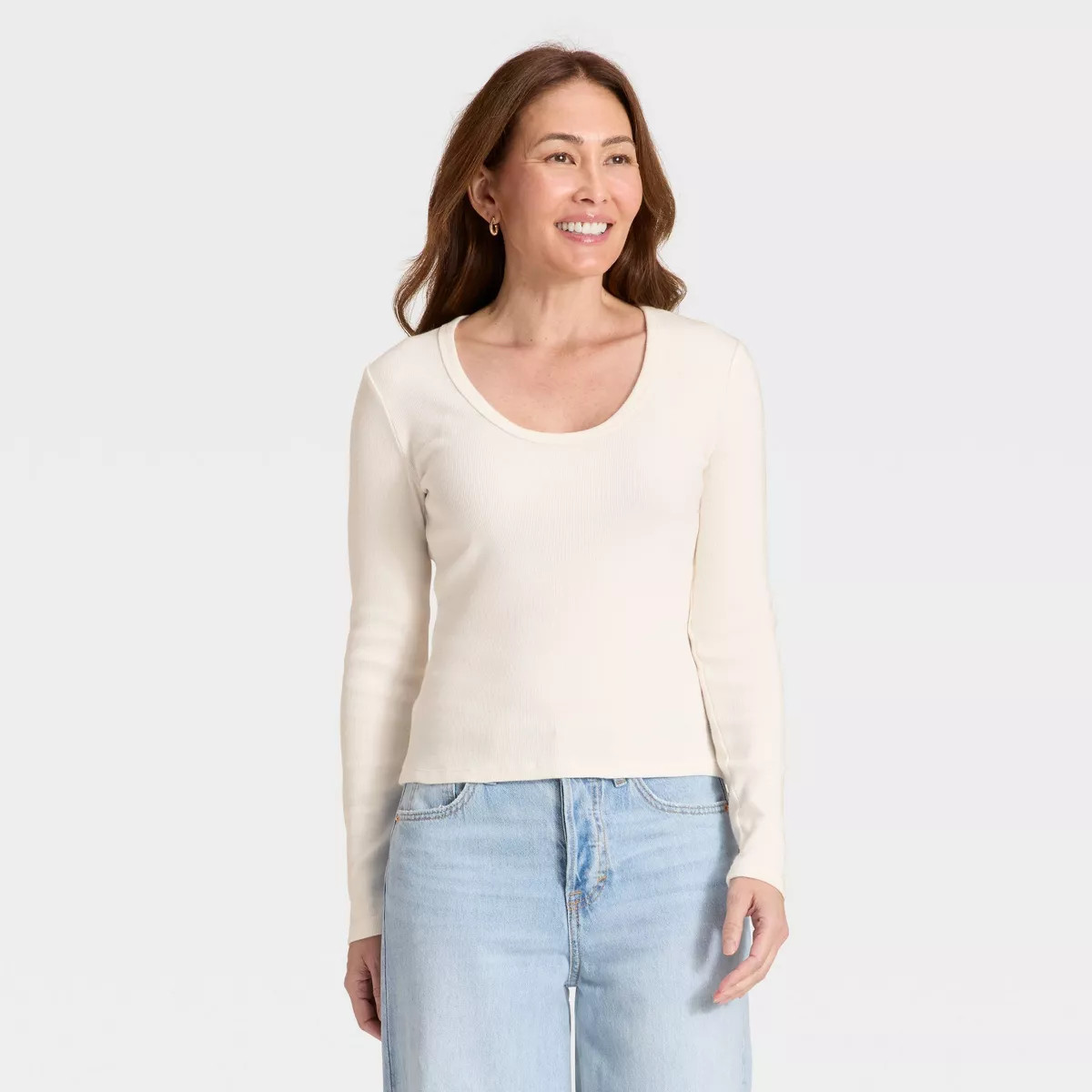 Women's Slim Fit Long Sleeve Scoop Neck Ribbed T-Shirt - Universal Thread™ Cream XS | Target