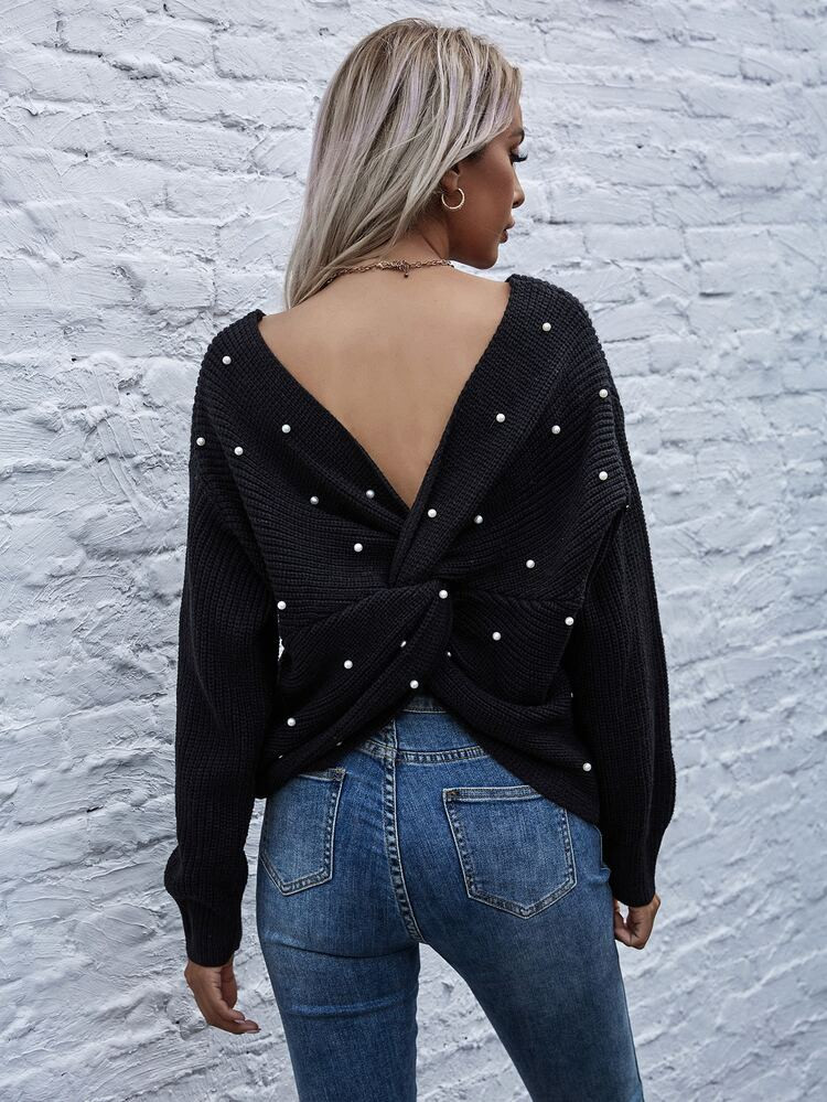 Pearls Beaded Twist Back Drop Shoulder Sweater | SHEIN
